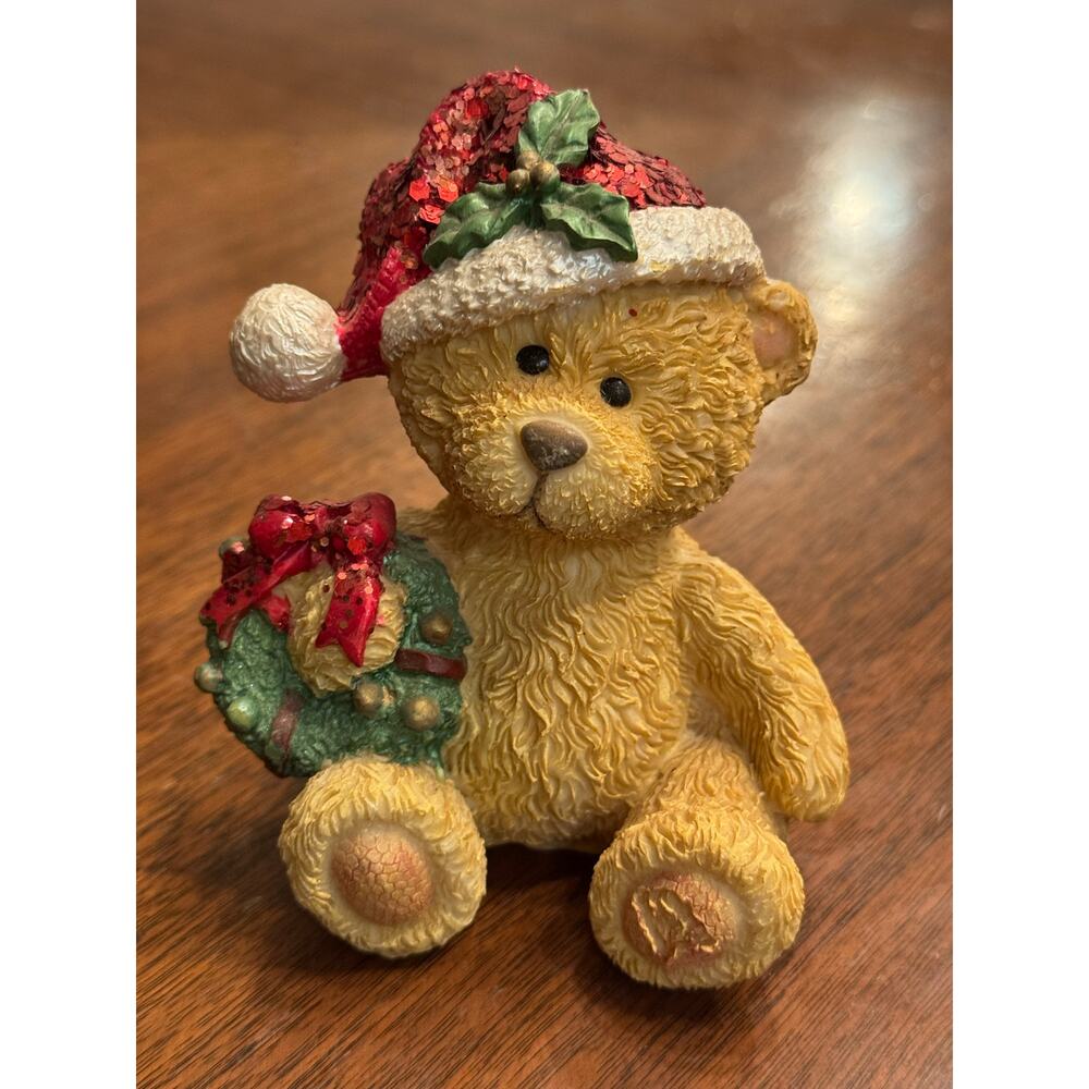 Vintage Christmas Teddy Bear Figurine Resin Sequence Santa Hat Holiday Decoratio